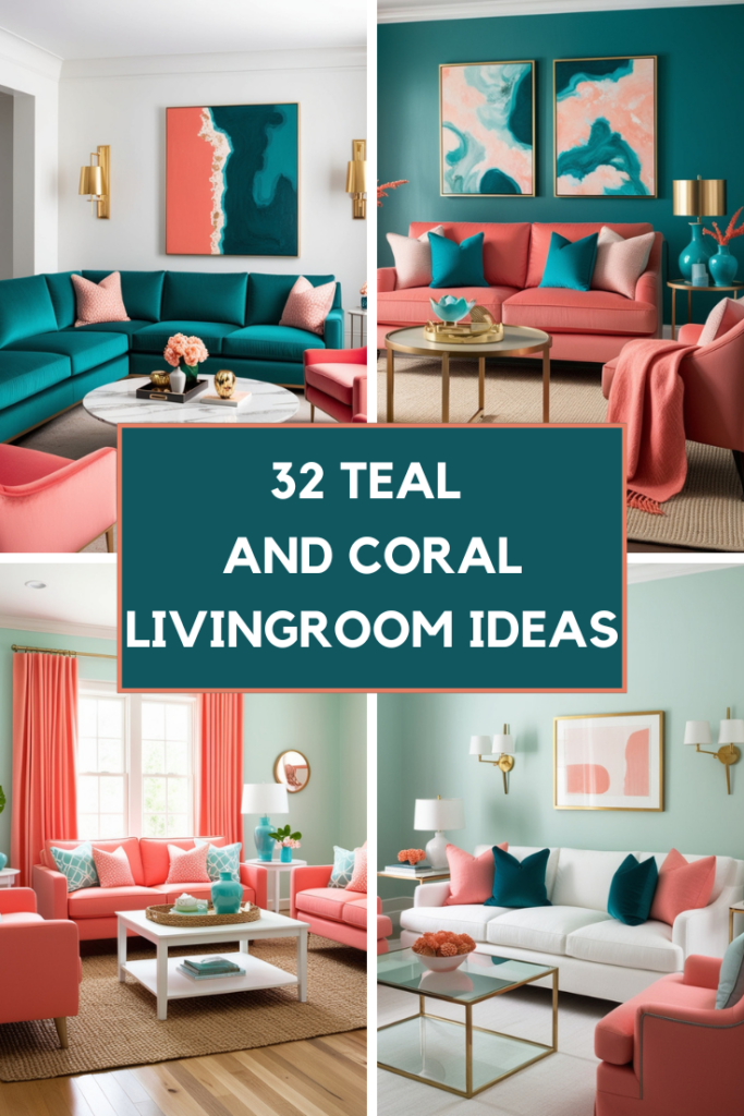 teal and coral living room