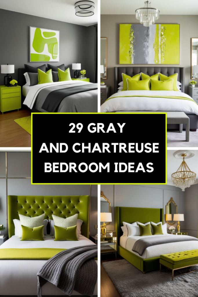 gray and chartreuse bedroom