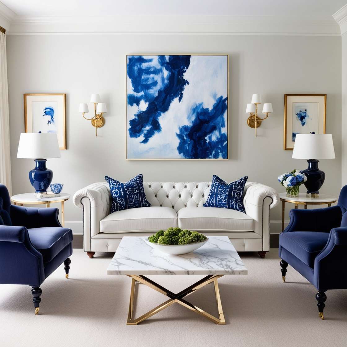 blue and white living room