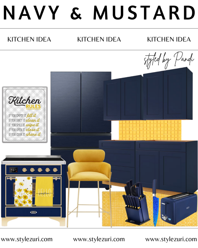 navy blue and mustard yellow kitchen