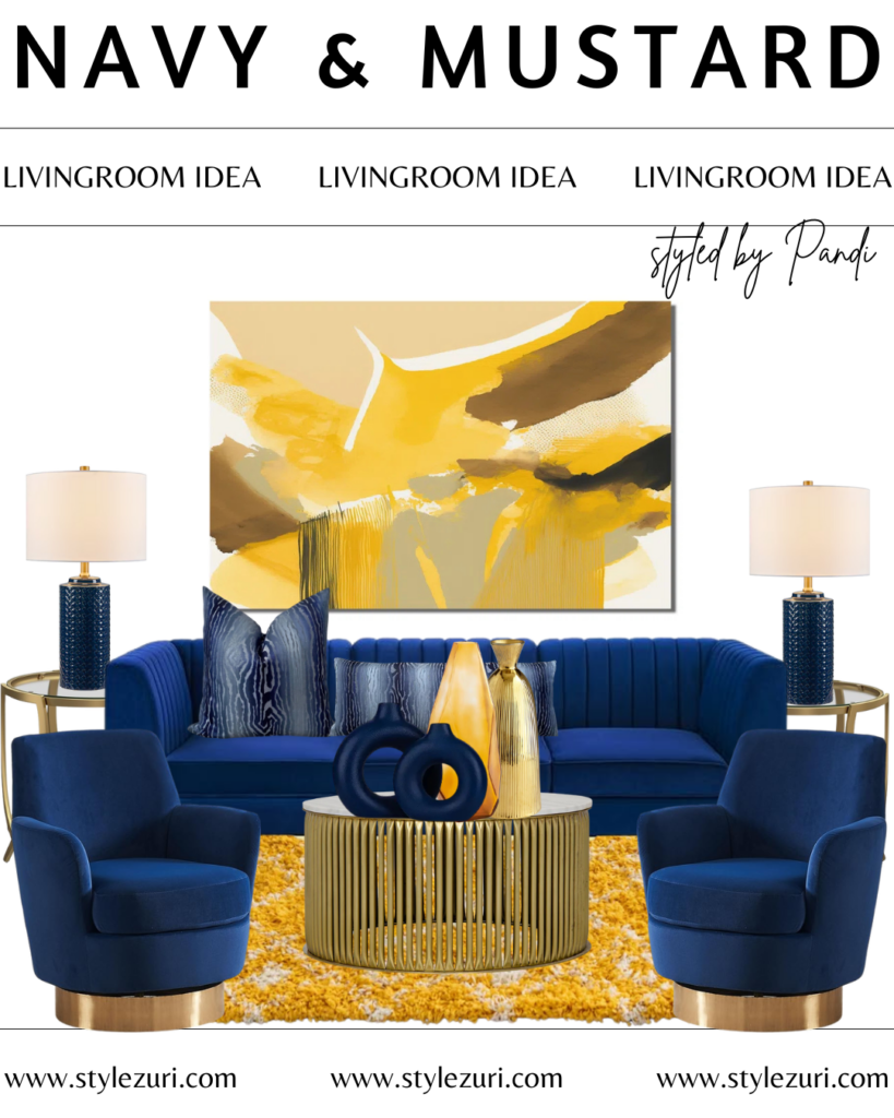 navy blue and mustard yellow living room