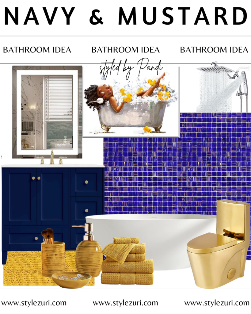 navy blue and mustard yellow bathroom