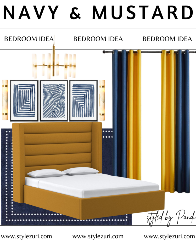 navy blue and mustard yellow bedroom