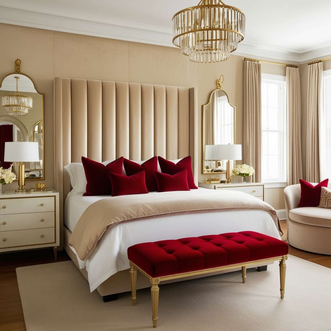 Beige and Red Velvet Glam Bedroom