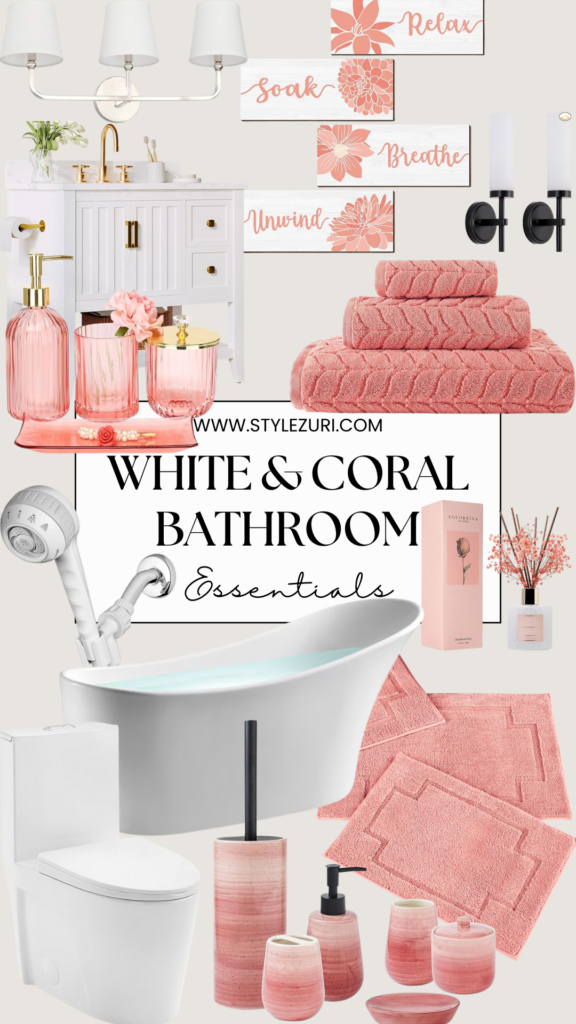 white and coral bathroom