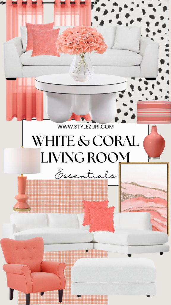 white and coral living room