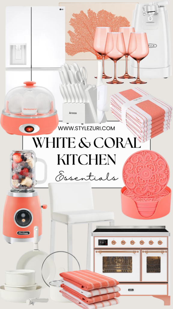 white and coral kitchen