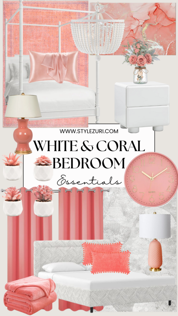 white and coral bedroom 