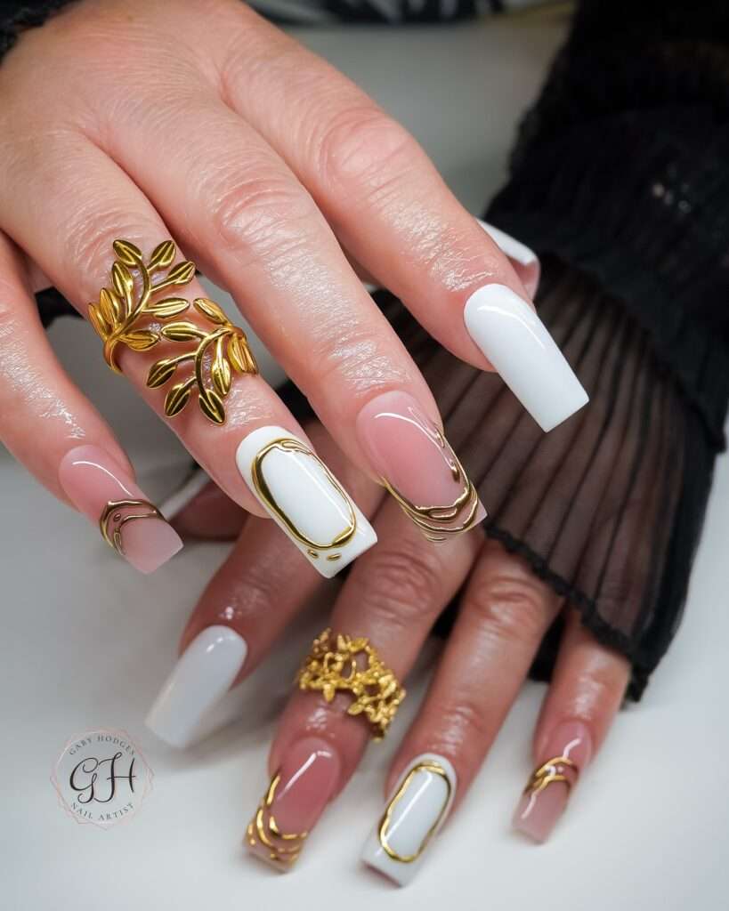 white and gold nail design