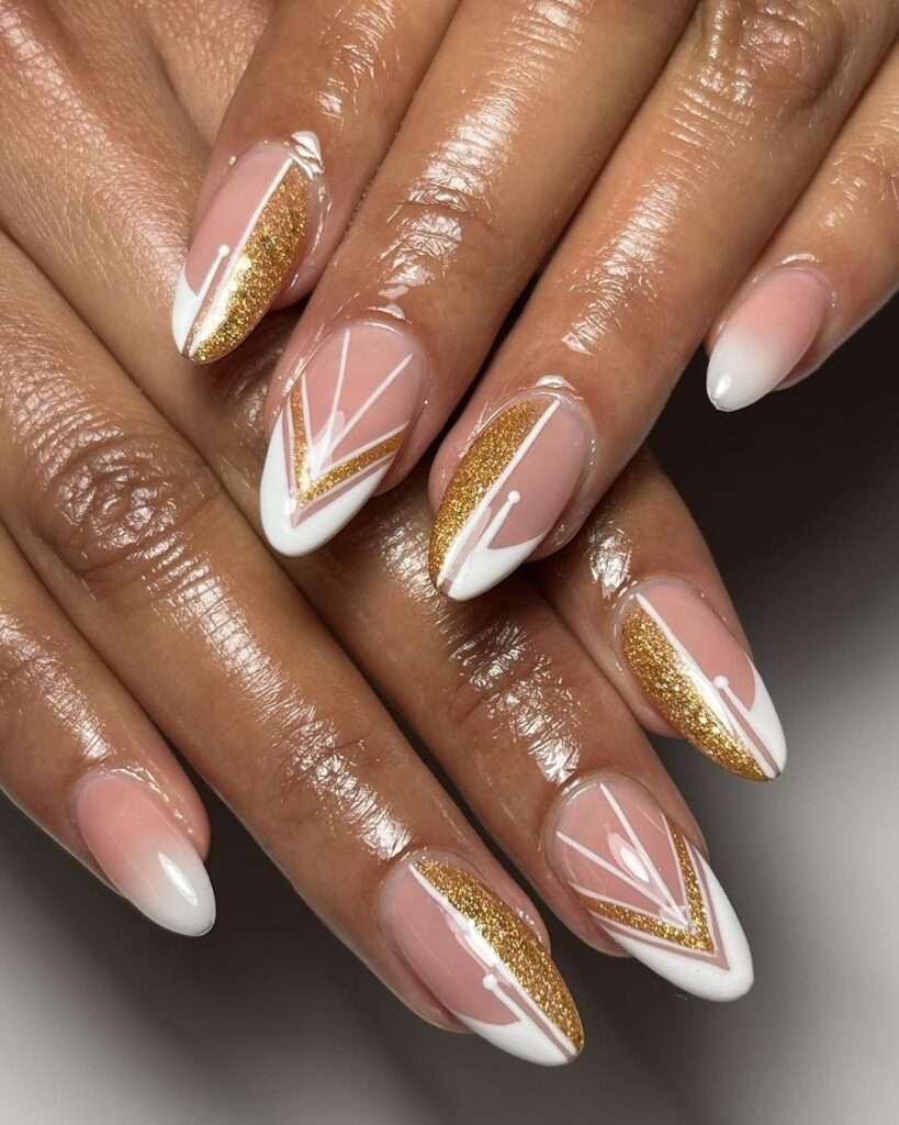 Almond gel x with line art and gold glitter