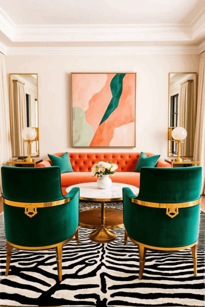 Peach and Emerald Zebra Print Living Room