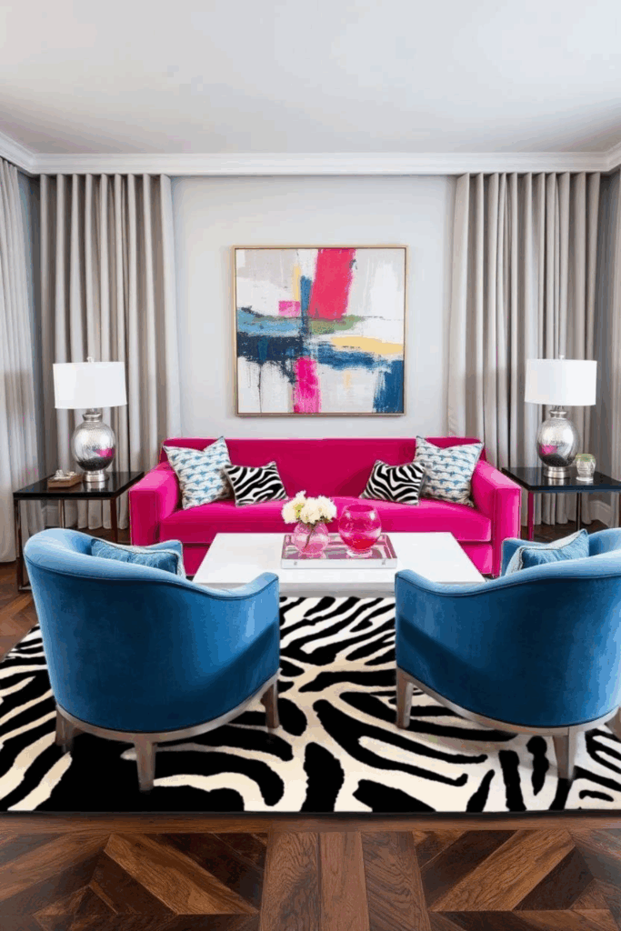 Raspberry and Steel Blue Zebra Print Living Room