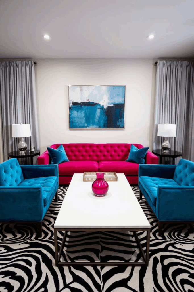 Raspberry and Steel Blue Zebra Print Living Room