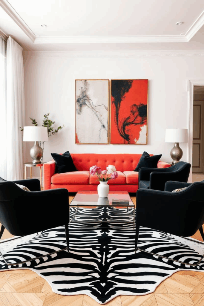 Coral and Black Zebra Print Living Room