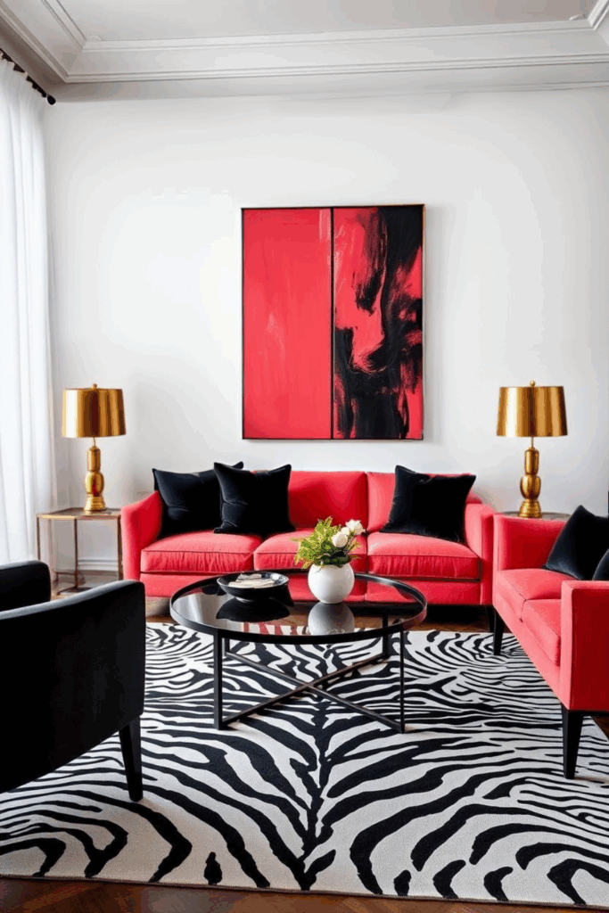 Coral and Black Zebra Print Living Room