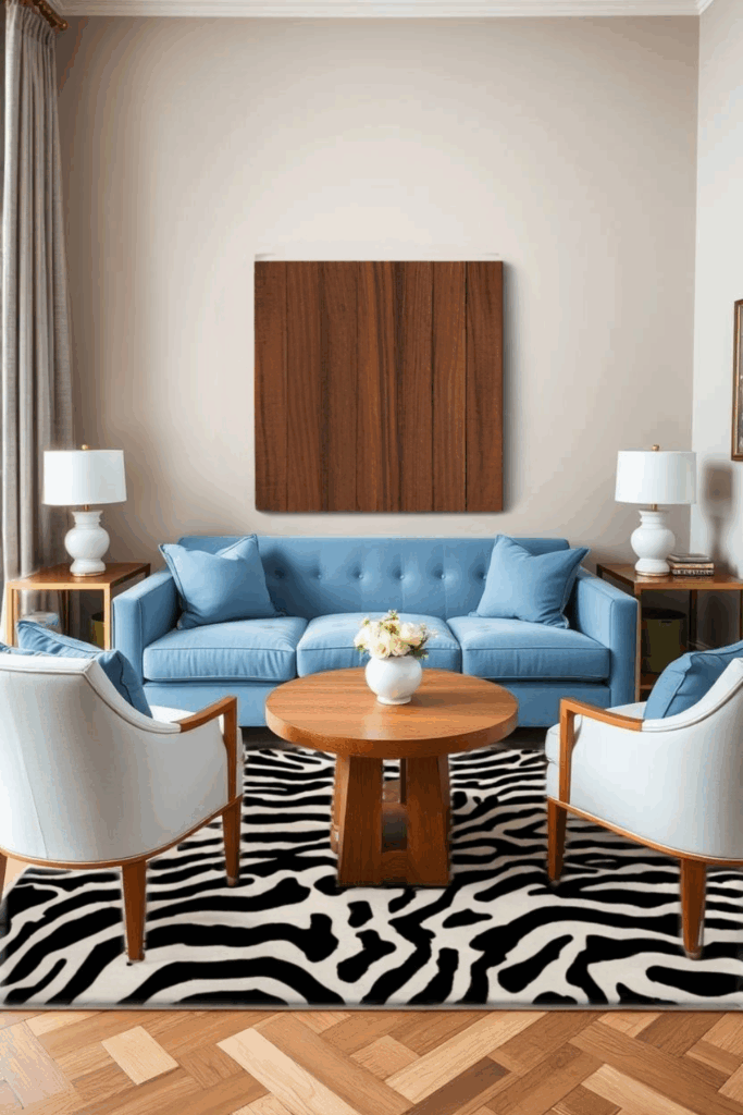 Periwinkle and Sand Zebra Print Living Room