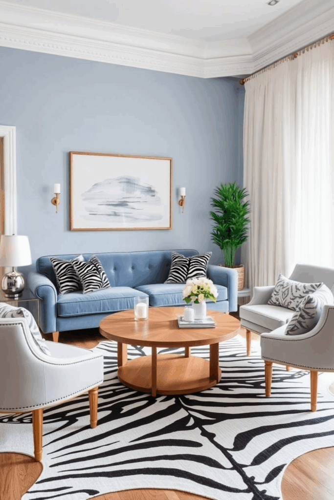 Periwinkle and Sand Zebra Print Living Room