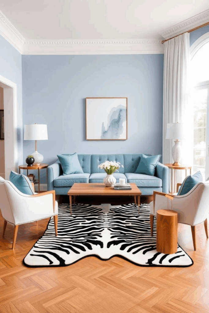 Periwinkle and Sand Zebra Print Living Room