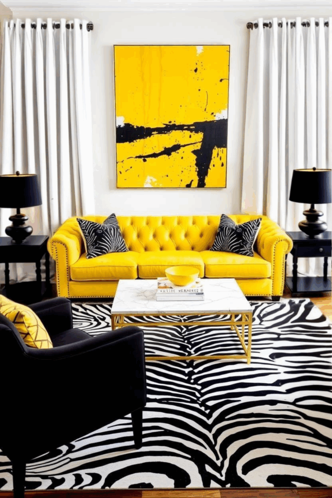 Bright Yellow Zebra Print Living Room