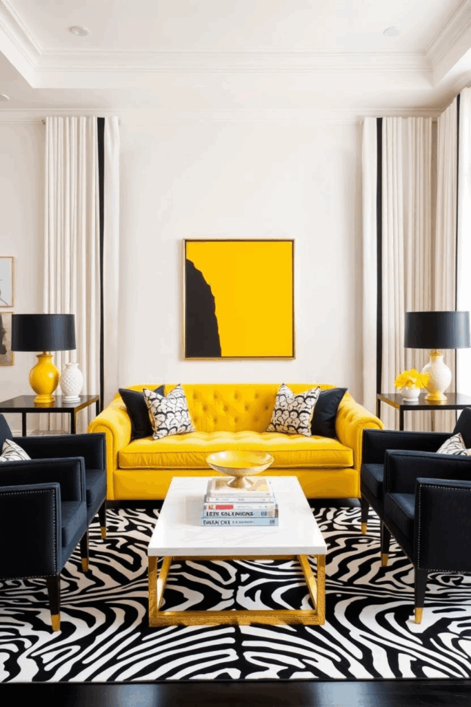 Bright Yellow Zebra Print Living Room