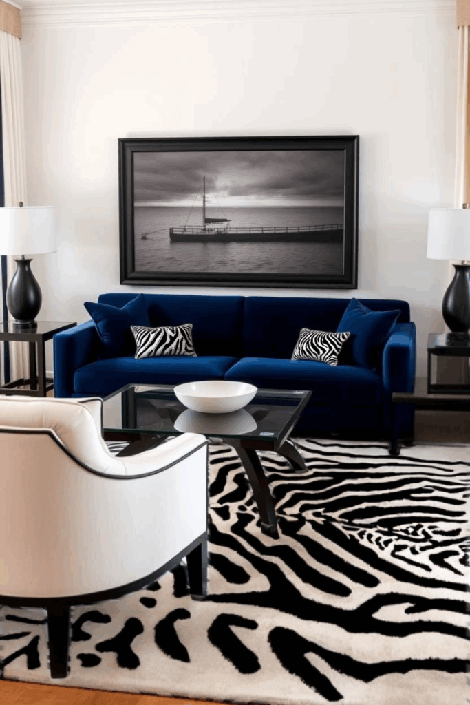 Navy and Zebra Print Living Room