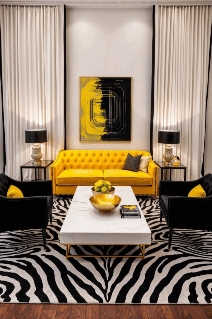 Bright Yellow Zebra Print Living Room