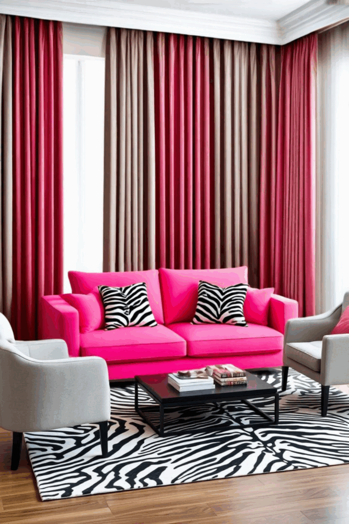 Watermelon Pink and Grey Zebra Print Living Room