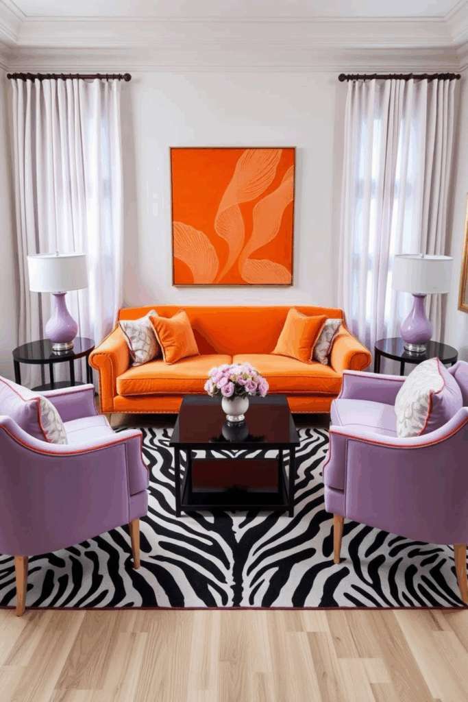 Tangerine and Lilac Zebra Print Living Room