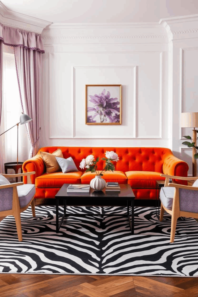 Tangerine and Lilac Zebra Print Living Room