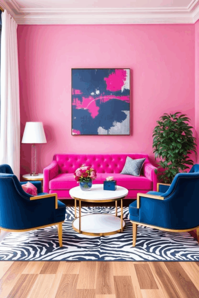 Fuchsia and Navy Zebra Print Living Room