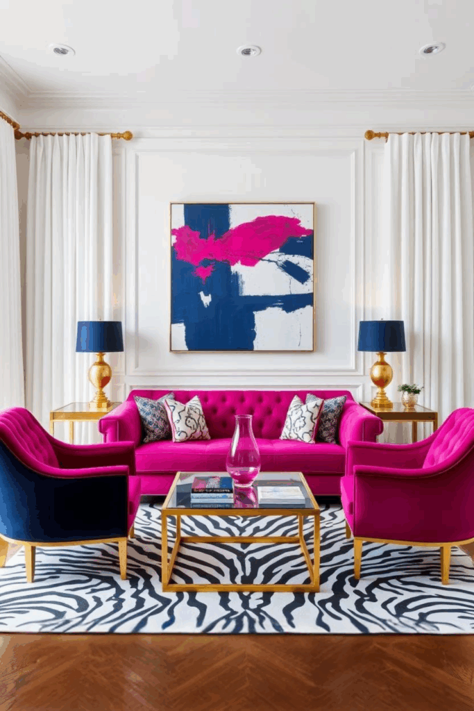 Fuchsia and Navy Zebra Print Living Room