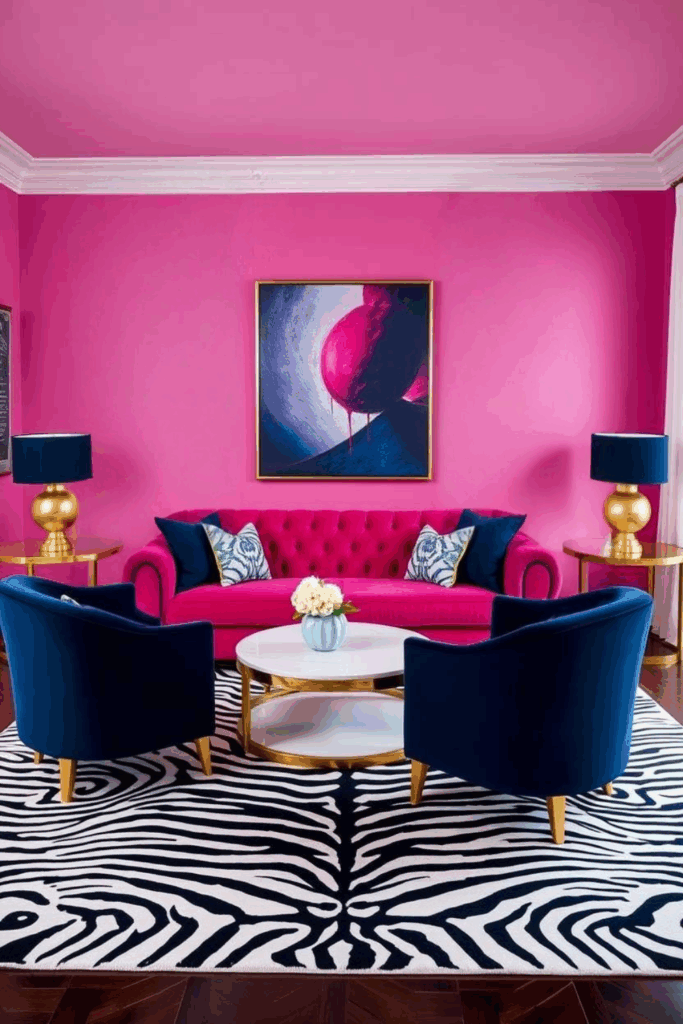 Fuchsia and Navy Zebra Print Living Room
