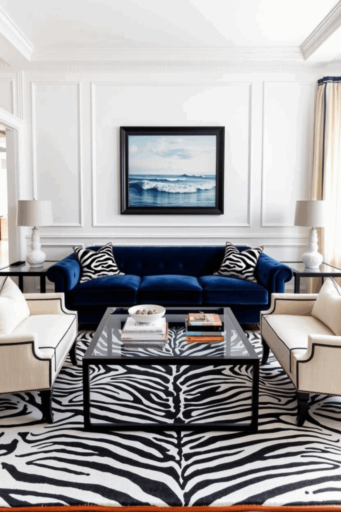Navy and Zebra Print Living Room