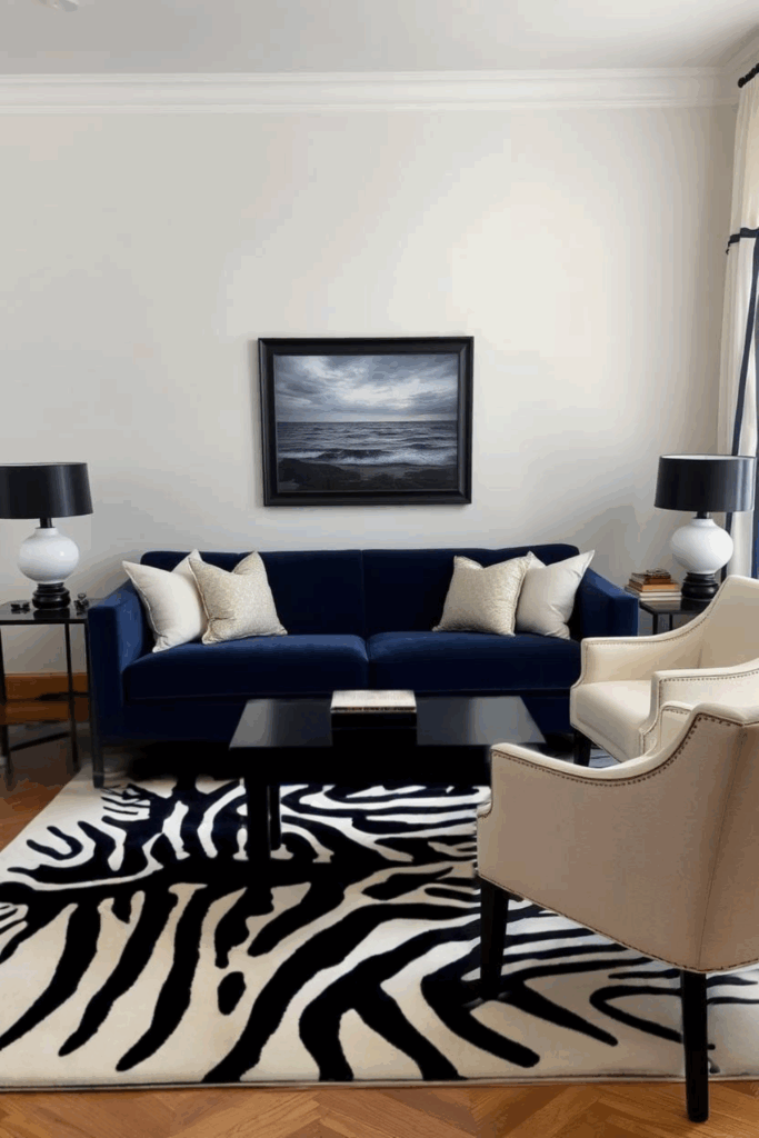 Navy and Zebra Print Living Room