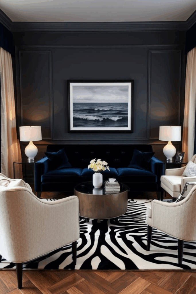 Navy and Zebra Print Living Room