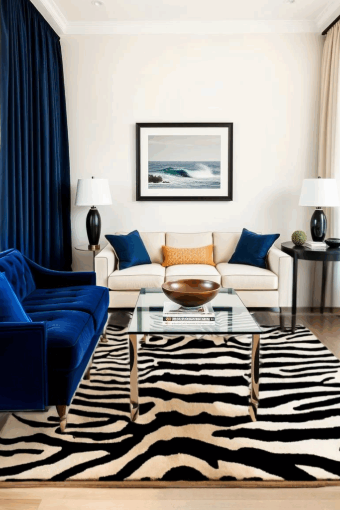 Navy and Zebra Print Living Room