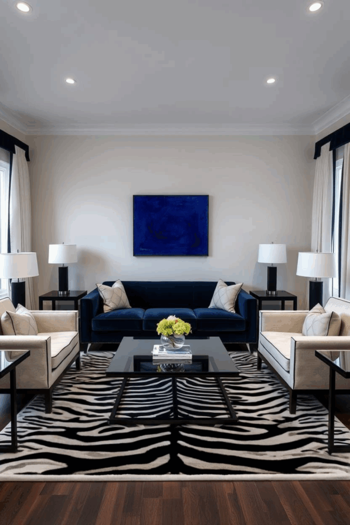 Navy and Zebra Print Living Room