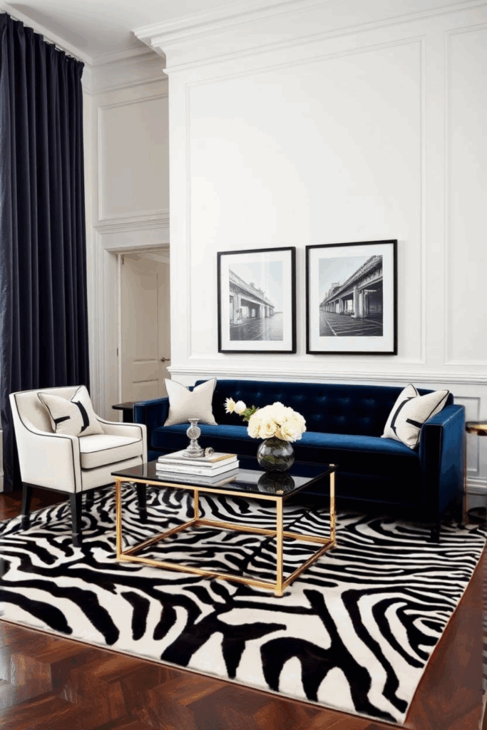 Navy and Zebra Print Living Room