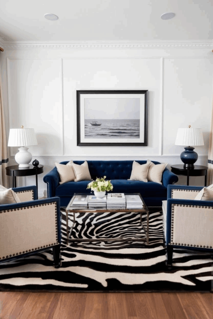 Navy and Zebra Print Living Room