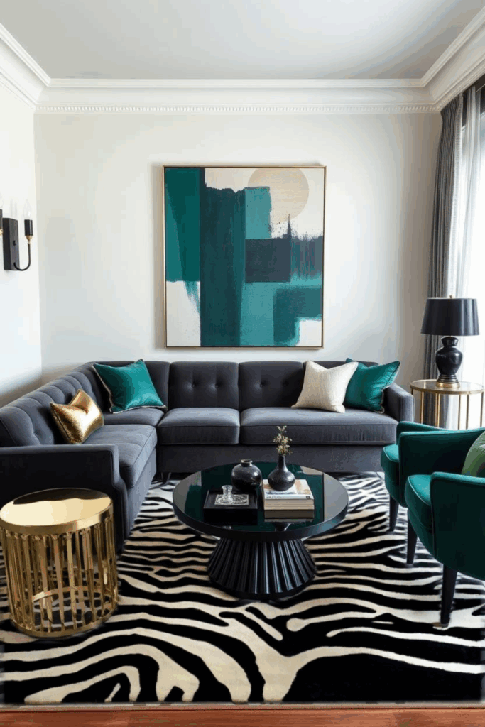 Emerald and Charcoal Zebra Print Living Room