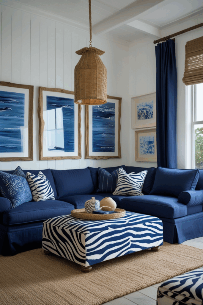 Navy and Zebra Print Coastal Living Room