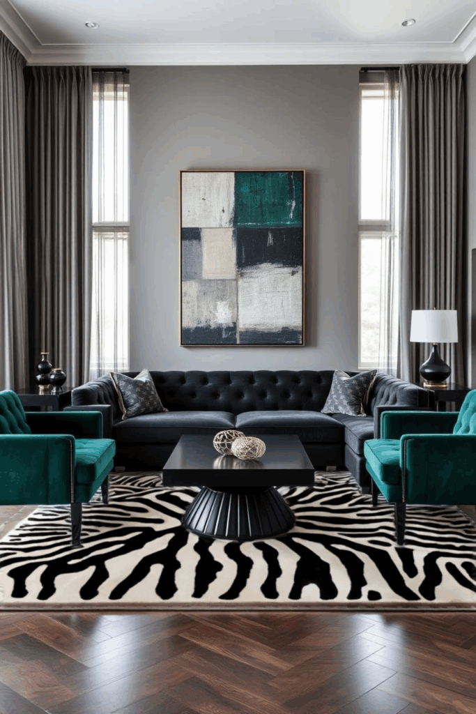 Emerald and Charcoal Zebra Print Living Room