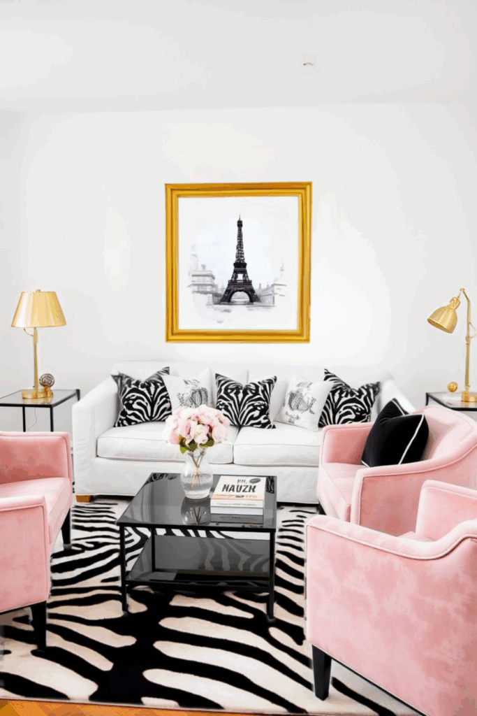 Blush and White Zebra Print Living Room