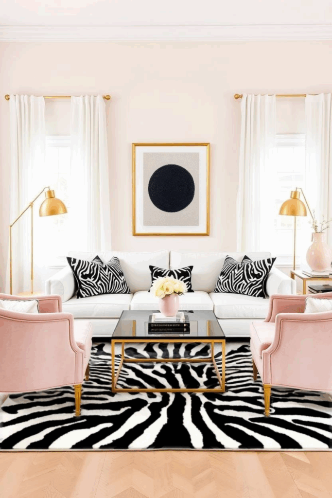 Blush and White Zebra Print Living Room
