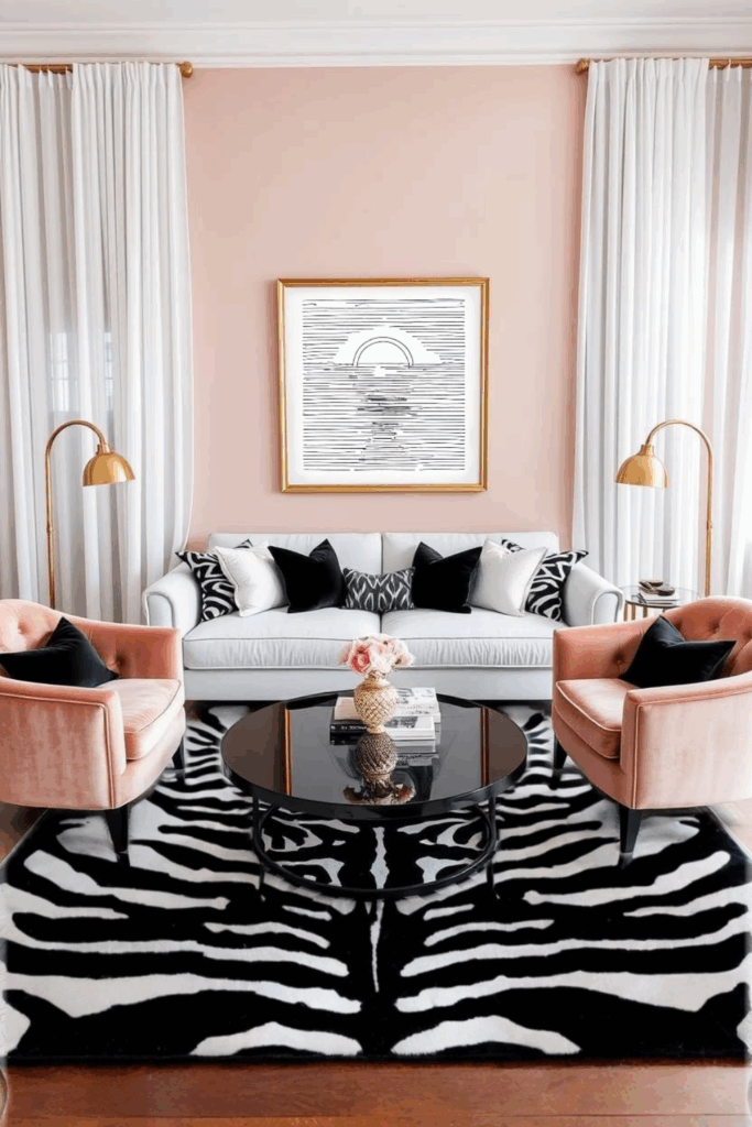 Blush and White Zebra Print Living Room