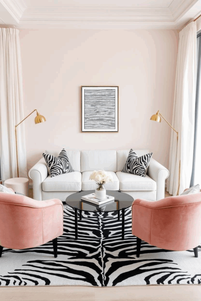 Blush and White Zebra Print Living Room