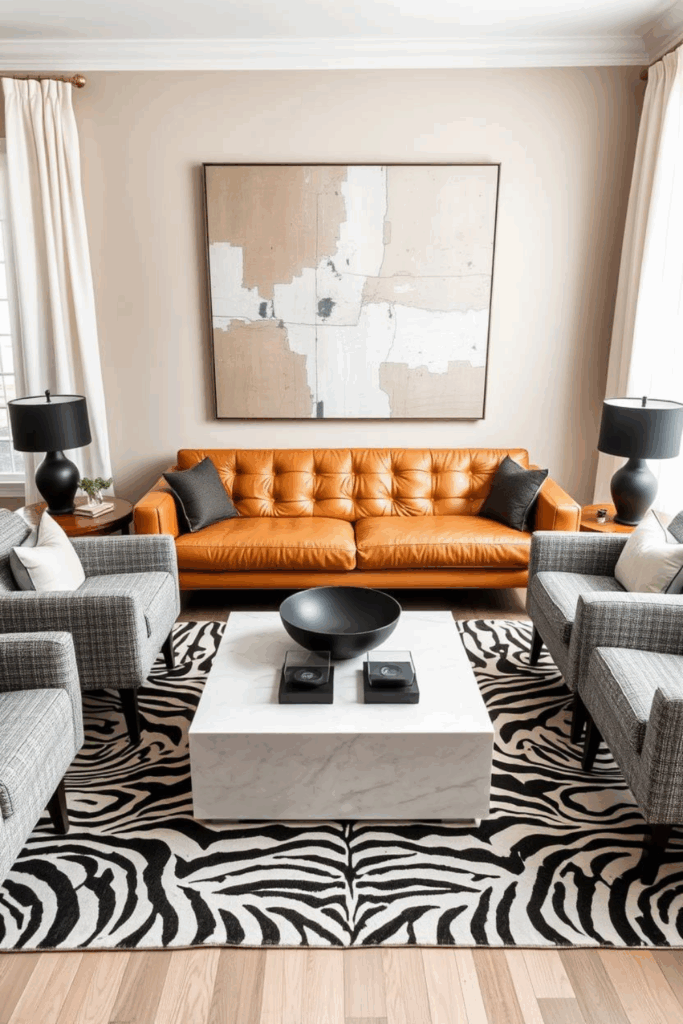 Grey and Camel Zebra Print Living Room