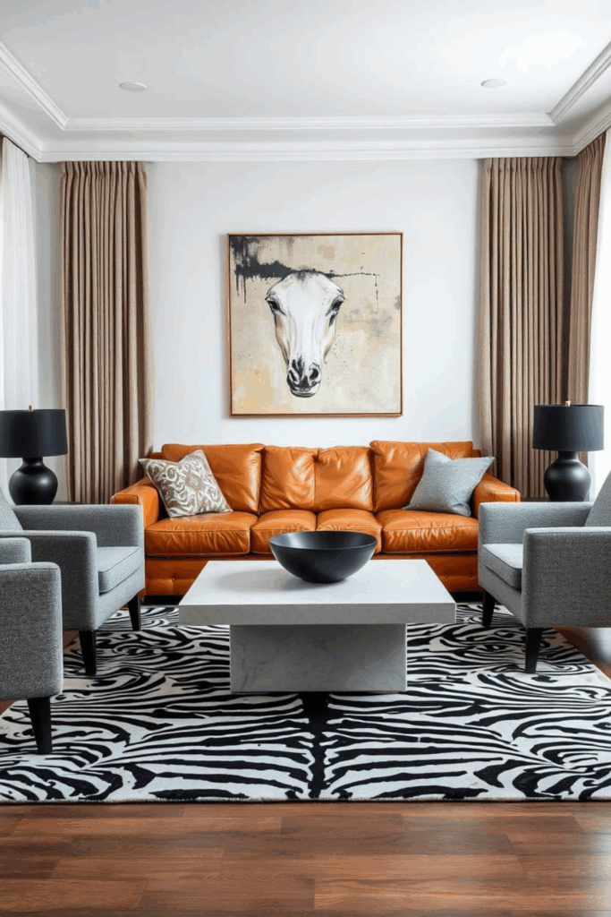 Grey and Camel Zebra Print Living Room