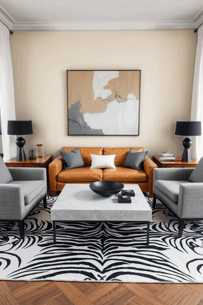 Grey and Camel Zebra Print Living Room