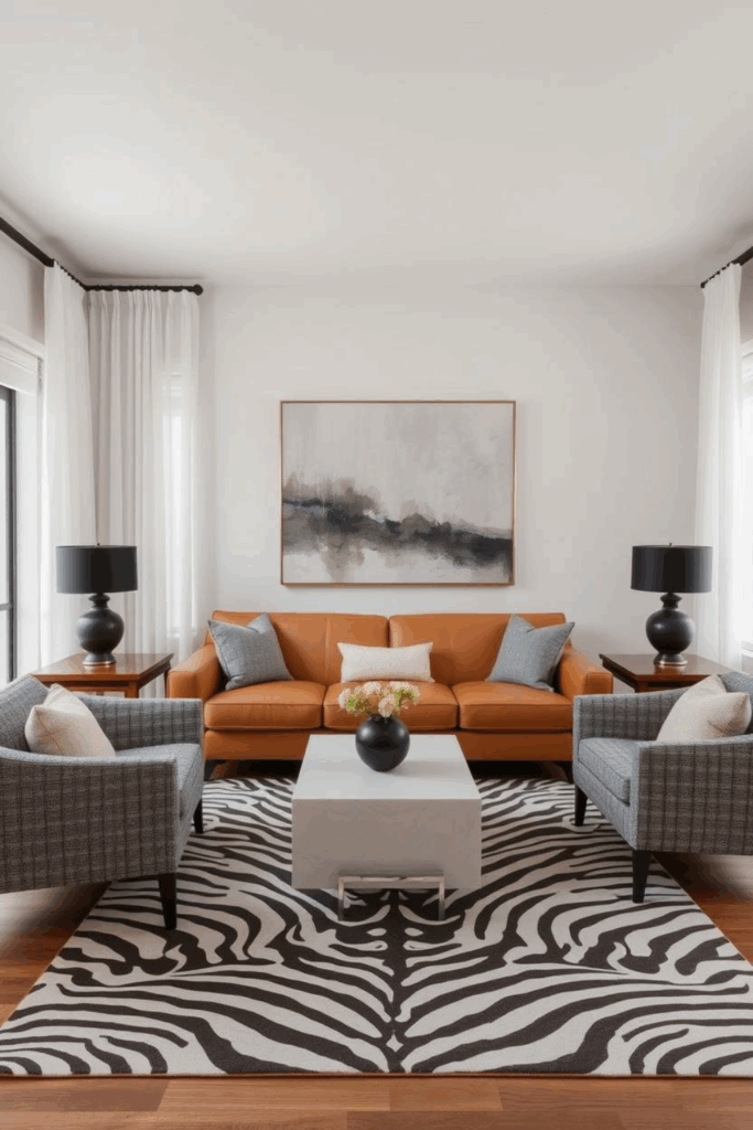 Grey and Camel Zebra Print Living Room